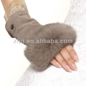 Best selling light tan rabbit fur suede fingerless glove